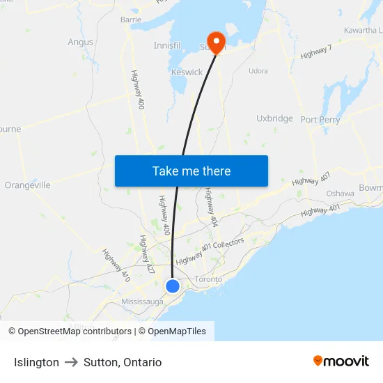 Islington to Sutton, Ontario map