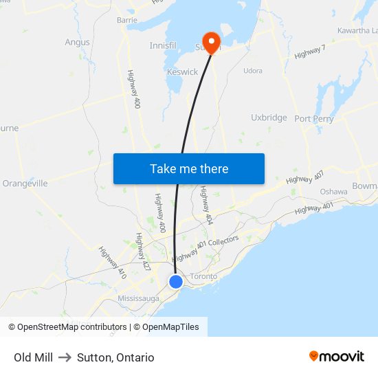 Old Mill to Sutton, Ontario map