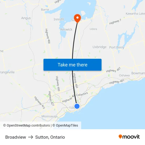 Broadview to Sutton, Ontario map