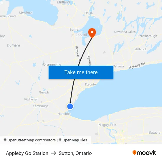 Appleby Go Station to Sutton, Ontario map