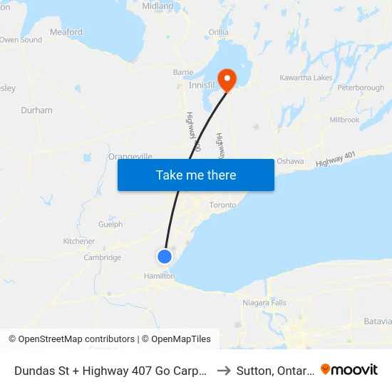Dundas St + Highway 407 Go Carpool to Sutton, Ontario map
