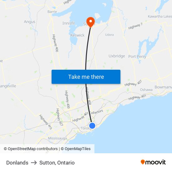 Donlands to Sutton, Ontario map
