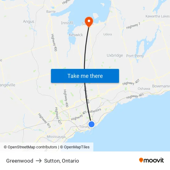 Greenwood to Sutton, Ontario map