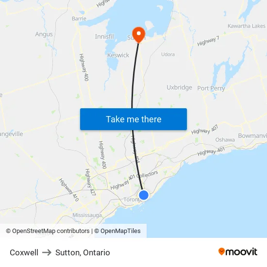 Coxwell to Sutton, Ontario map