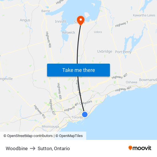 Woodbine to Sutton, Ontario map