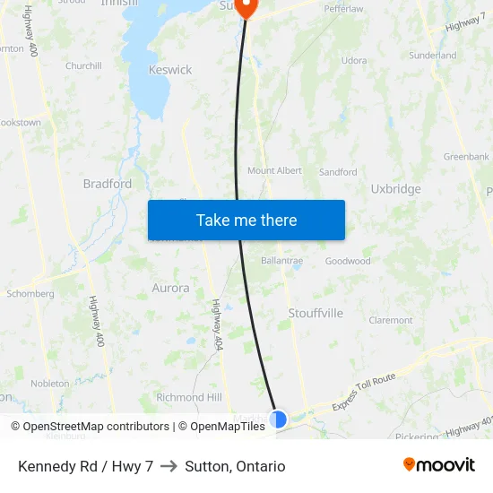 Kennedy Rd / Hwy 7 to Sutton, Ontario map
