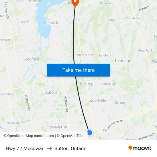 Hwy 7 / Mccowan to Sutton, Ontario map