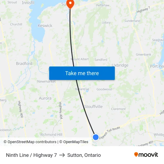 Ninth Line / Highway 7 to Sutton, Ontario map