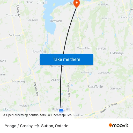 Yonge / Crosby to Sutton, Ontario map