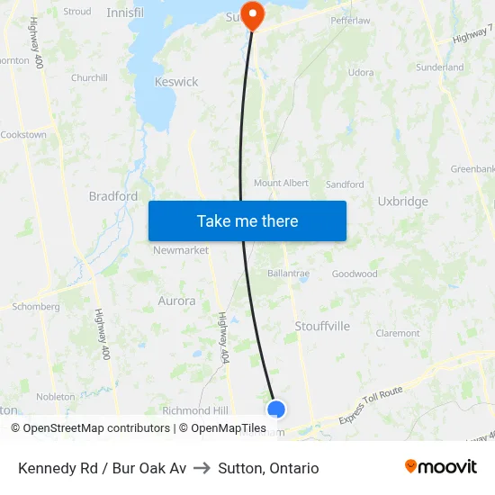 Kennedy Rd / Bur Oak Av to Sutton, Ontario map