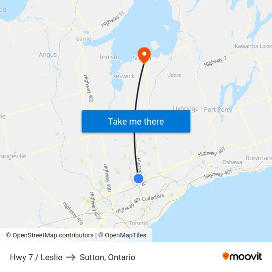 Hwy 7 / Leslie to Sutton, Ontario map