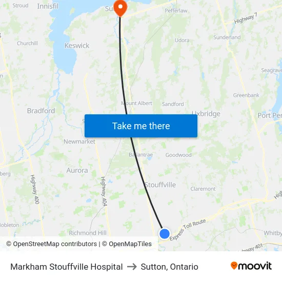 Markham Stouffville Hospital to Sutton, Ontario map