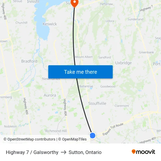 Highway 7 / Galsworthy to Sutton, Ontario map