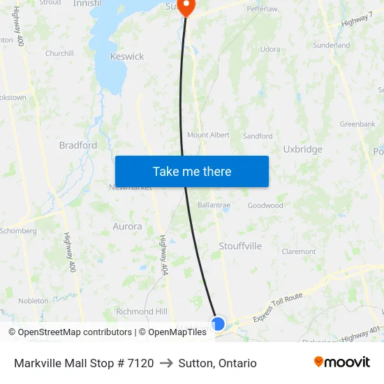 Markville Mall Stop # 7120 to Sutton, Ontario map