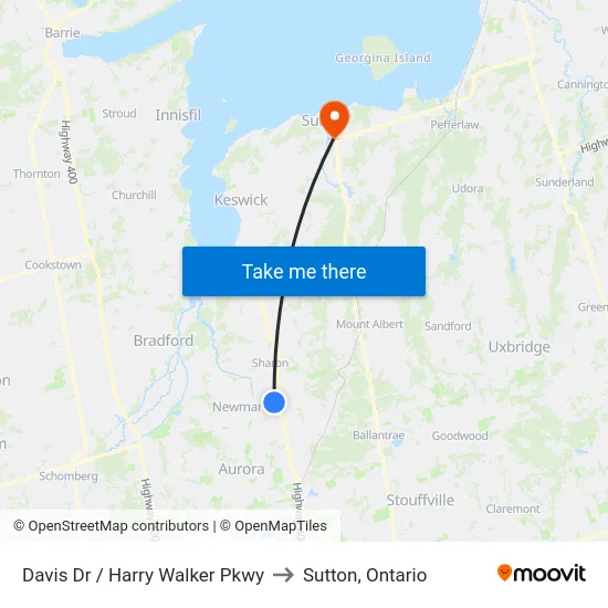 Davis Dr / Harry Walker Pkwy to Sutton, Ontario map