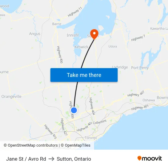 Jane St / Avro Rd to Sutton, Ontario map