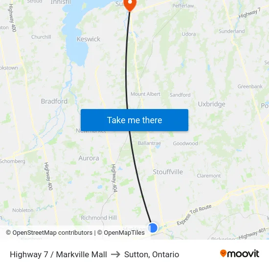 Highway 7 / Markville Mall to Sutton, Ontario map