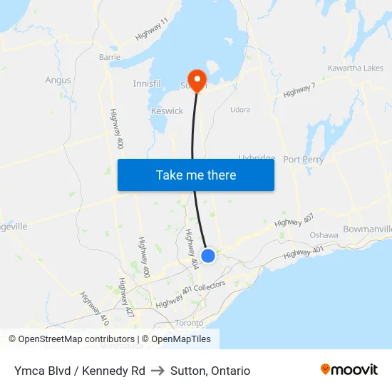 Ymca Blvd / Kennedy Rd to Sutton, Ontario map