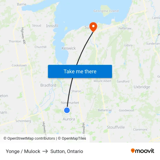 Yonge / Mulock to Sutton, Ontario map