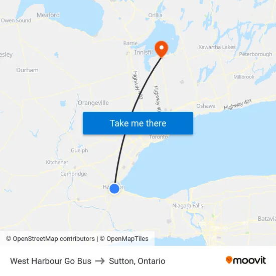 West Harbour Go Bus to Sutton, Ontario map