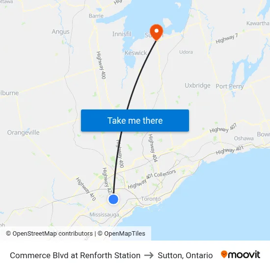Commerce Blvd at Renforth Station to Sutton, Ontario map