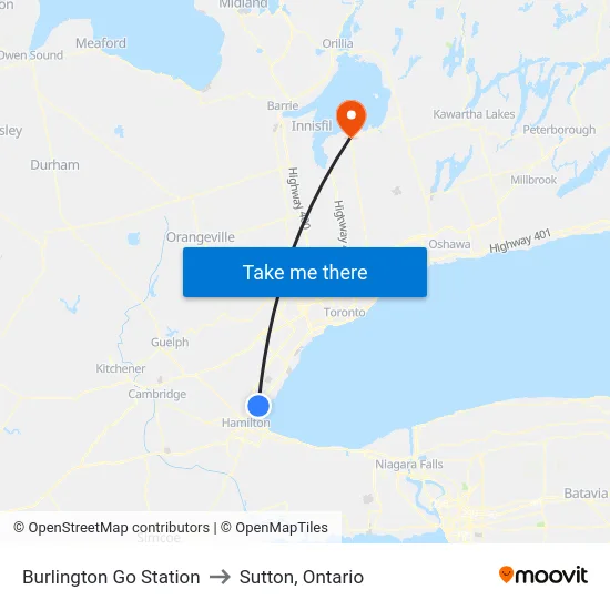 Burlington Go Station to Sutton, Ontario map
