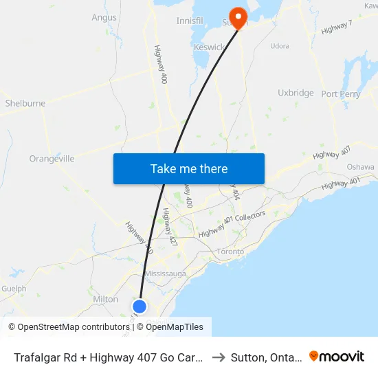 Trafalgar Rd + Highway 407 Go Carpool to Sutton, Ontario map