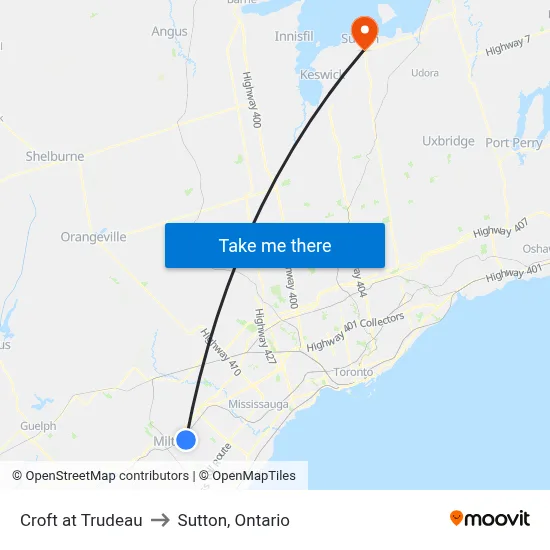 Croft at Trudeau to Sutton, Ontario map
