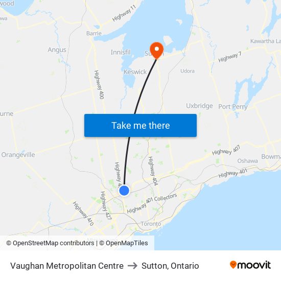 Vaughan Metropolitan Centre to Sutton, Ontario map