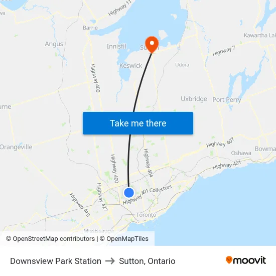 Downsview Park Station to Sutton, Ontario map