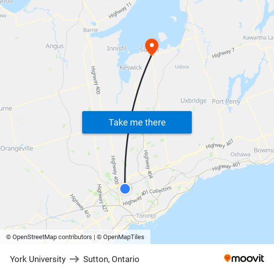 York University to Sutton, Ontario map