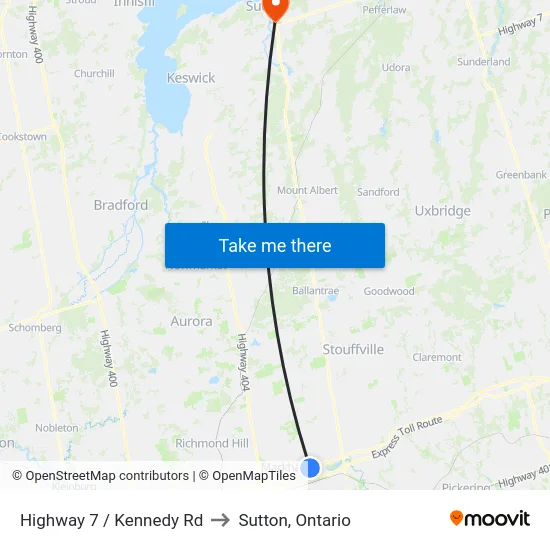 Highway 7 / Kennedy Rd to Sutton, Ontario map