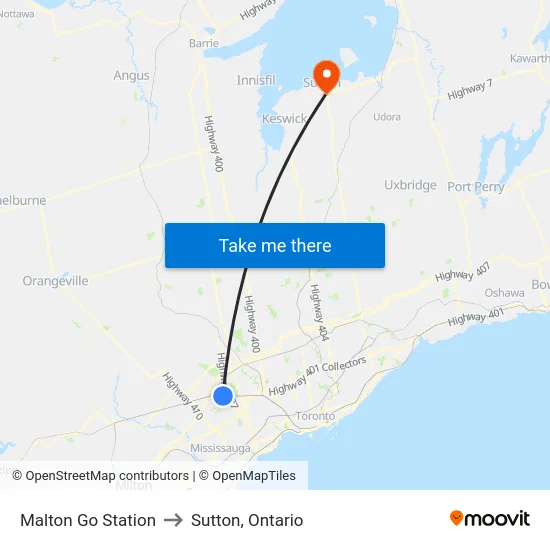 Malton Go Station to Sutton, Ontario map