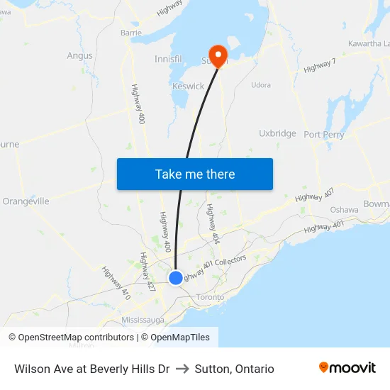 Wilson Ave at Beverly Hills Dr to Sutton, Ontario map