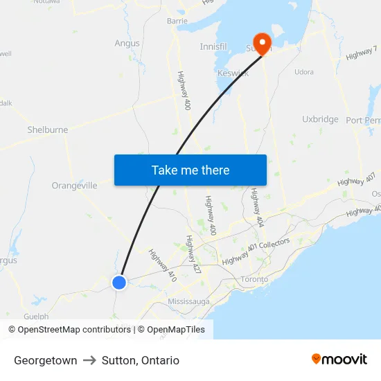 Georgetown to Sutton, Ontario map