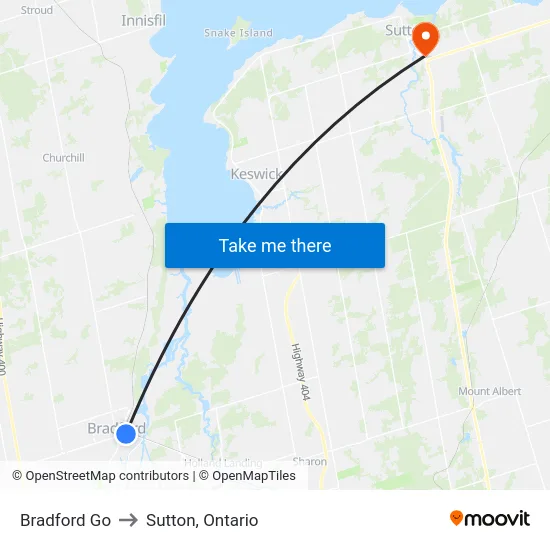 Bradford Go to Sutton, Ontario map