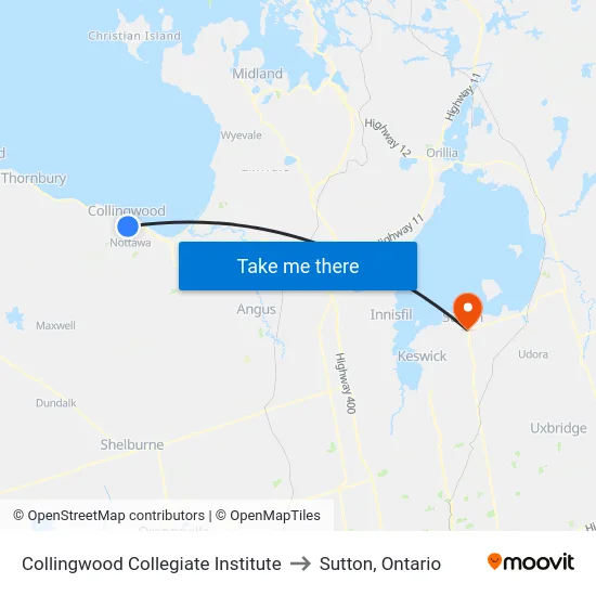 Collingwood Collegiate Institute to Sutton, Ontario map