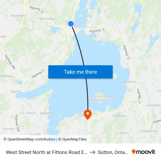 West Street North at Fittons Road East to Sutton, Ontario map