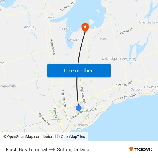 Finch Bus Terminal to Sutton, Ontario map