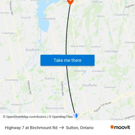 Highway 7 at Birchmount Rd to Sutton, Ontario map