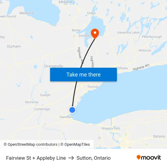Fairview St + Appleby Line to Sutton, Ontario map