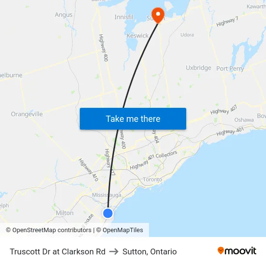 Truscott Dr at Clarkson Rd to Sutton, Ontario map