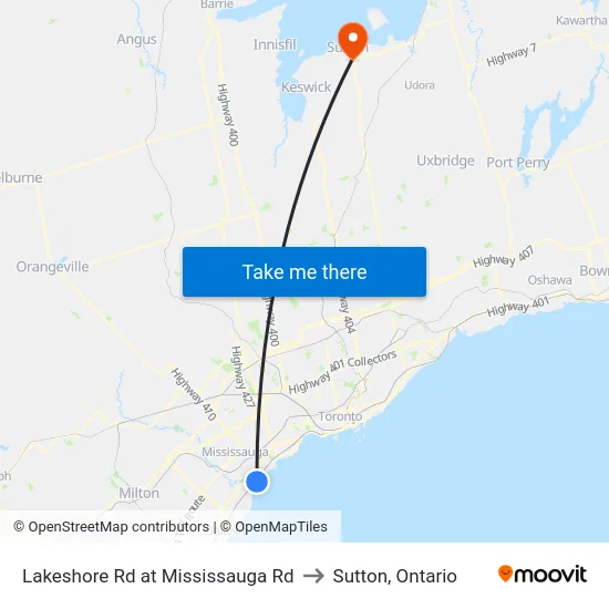 Lakeshore Rd at Mississauga Rd to Sutton, Ontario map