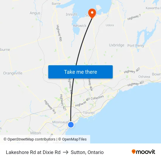 Lakeshore Rd at Dixie Rd to Sutton, Ontario map
