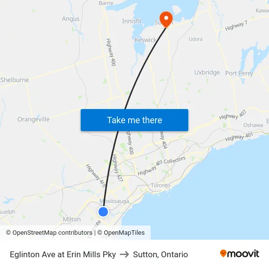 Eglinton Ave at Erin Mills Pky to Sutton, Ontario map