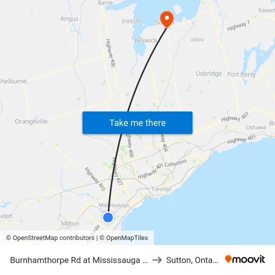 Burnhamthorpe Rd at Mississauga Rd to Sutton, Ontario map