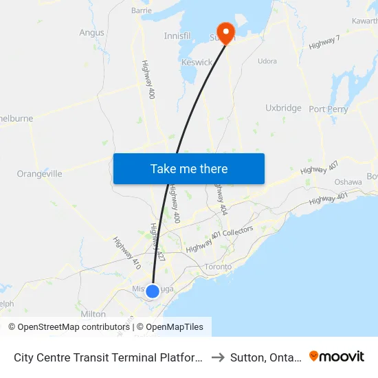 City Centre Transit Terminal Platform G to Sutton, Ontario map