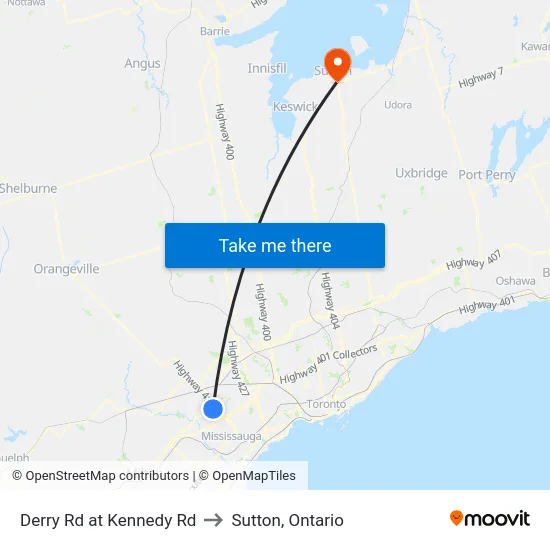 Derry Rd at Kennedy Rd to Sutton, Ontario map