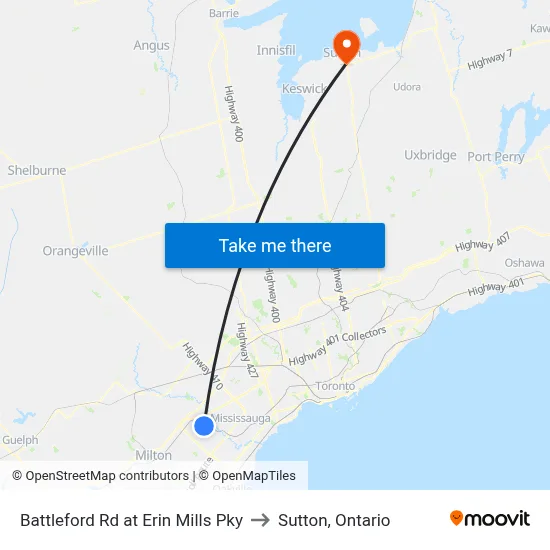 Battleford Rd at Erin Mills Pky to Sutton, Ontario map