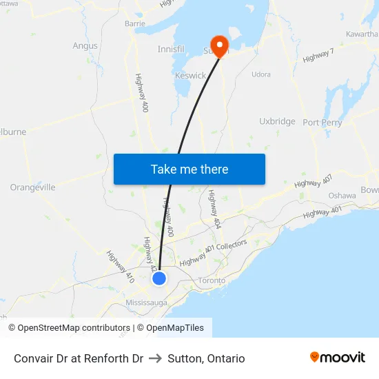 Convair Dr at Renforth Dr to Sutton, Ontario map